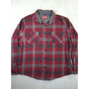 Coleman Plaid Flannel Shirt Men's 2XL Red/Gray Long Sleeve Pockets Outdoor EUC